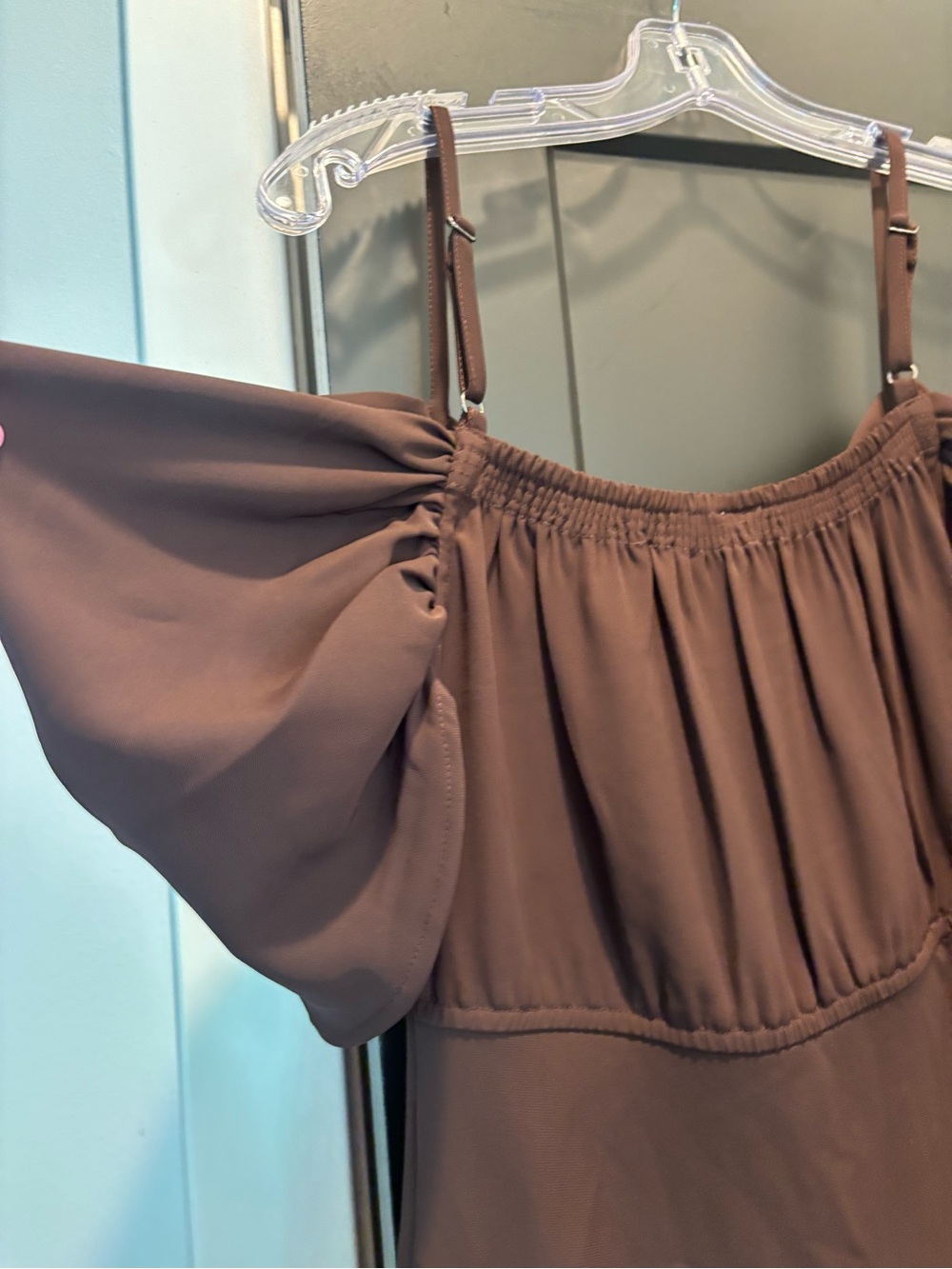 Anthropologie Bl-nk Satin Off-Shoulder Lace Midi Dress Small Reg Chocolate Brown - Picture 11 of 13
